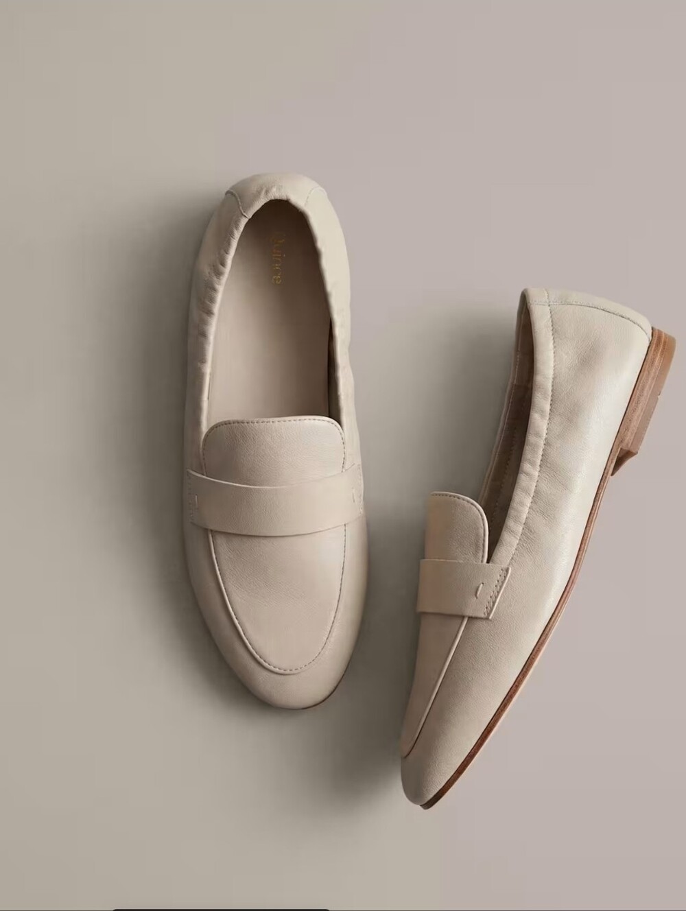 Quince Womens Beige Leather Slip-On Loafer Flats Ruched Almond Toe US 11